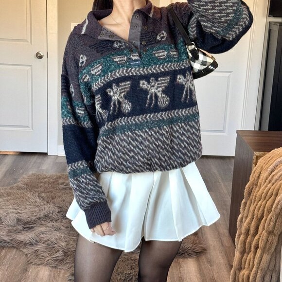 Sweaters - Vintage 90s Wool Mohair Blend Aztec Henley Sweater AOP Purple Italy Retro